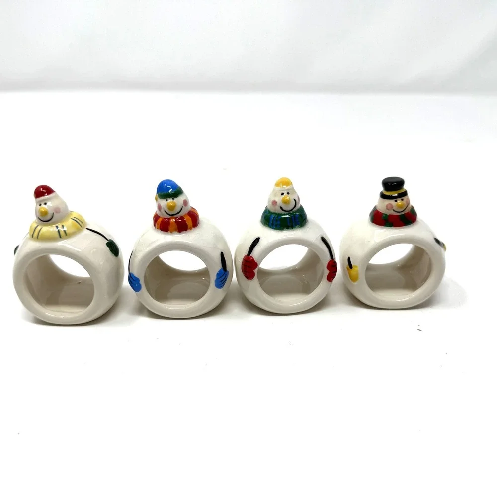Williams Sonoma Snowman Napkin Rings Set 4 Holiday‎ Christmas Ceramic